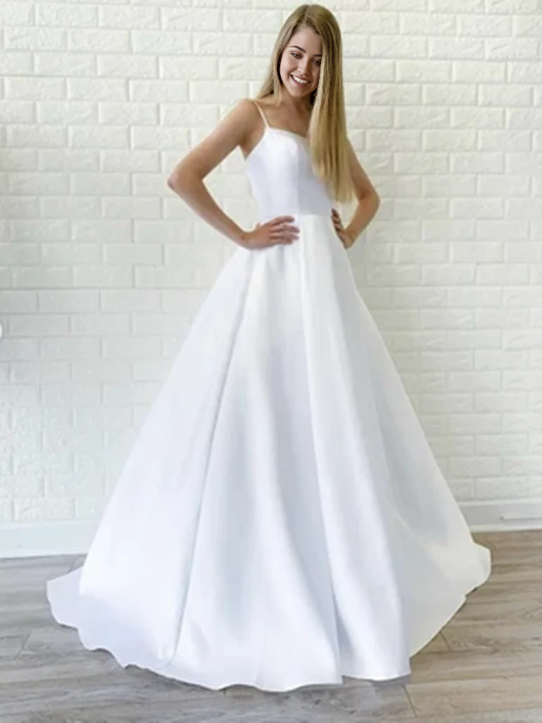 Vestidos de fiesta largos de satén blanco sencillos de corte A, vestidos de noche, vestidos formales de boda